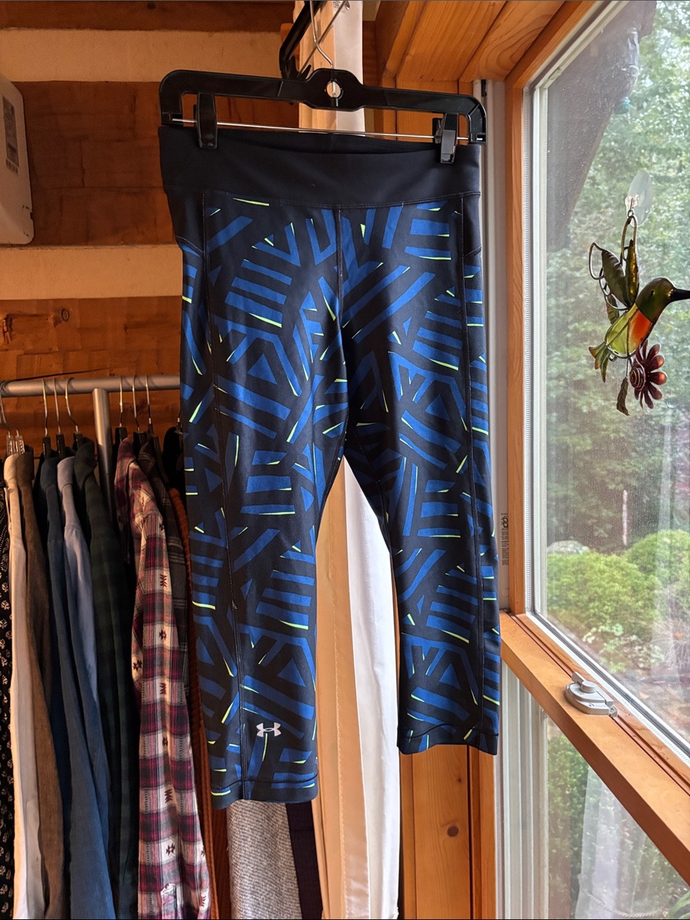 Under Armour Black Capri Leggings with Blue Geometric and Lime Accents